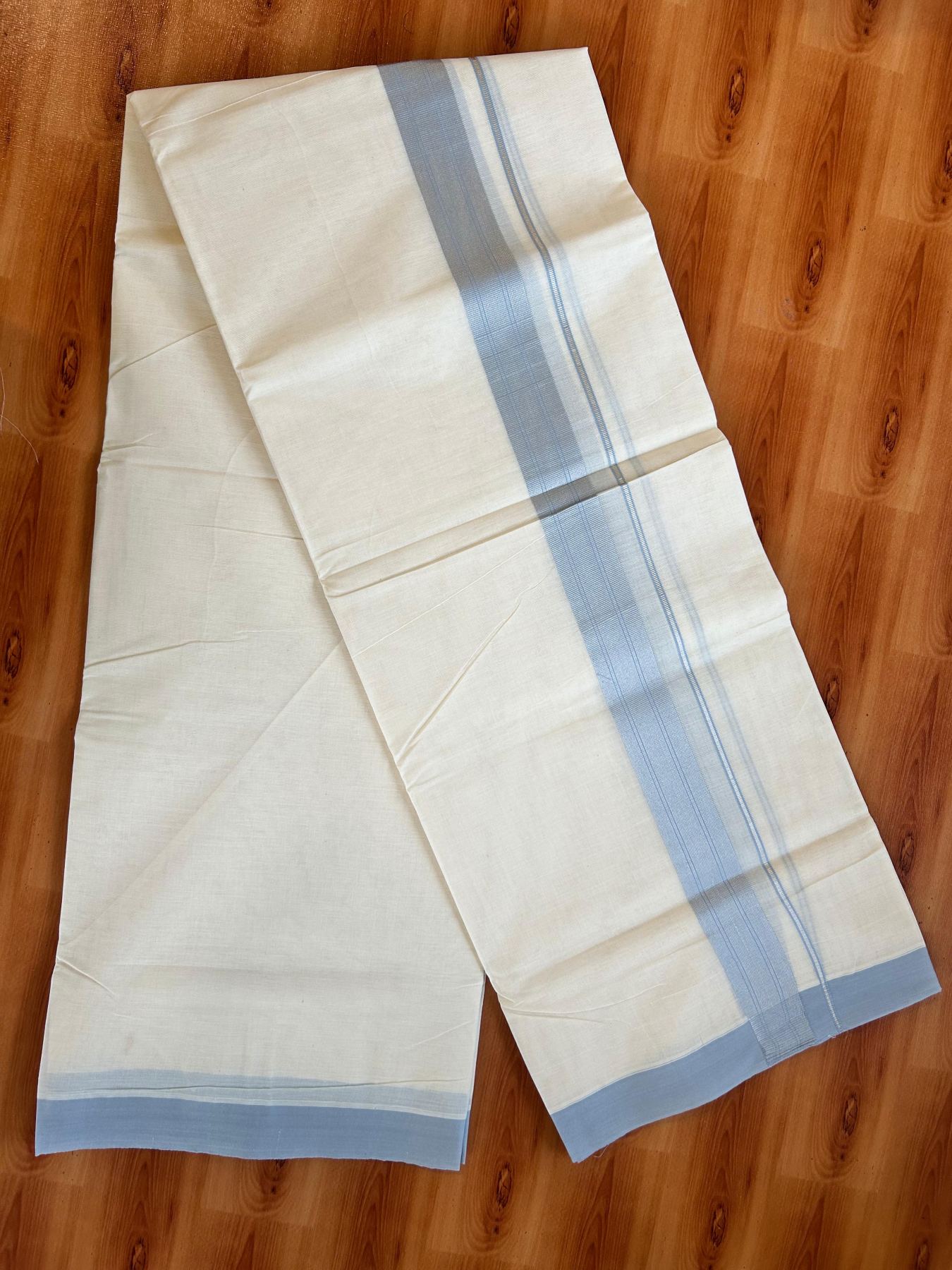 Double Off White (Unbleached) Mundu/Dhoti - 20% Discount! Kaitharikada Pure Cotton - 80x80 - 1.5 Inch Silver Kasav Blue grey Striped Kara 4 mtr (8.5 muzham) - 20 KK5489 MRH