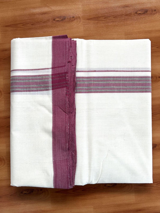 Double Off White (Unbleached) Mundu/Dhoti- 25% Discount! KaithariKada Handloom Millpaav - Kerala Handloom - Cotton - 80x90 - 1.25 inch Green & Light Maroon Shaded Striped Kara 4.50 meter (10 Muzham) -21 KK5396 RAM