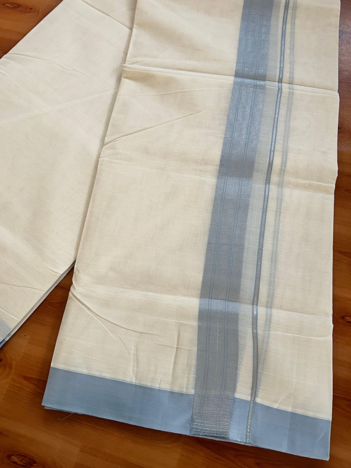 Double Off White (Unbleached) Mundu/Dhoti - 20% Discount! Kaitharikada Pure Cotton - 80x80 - 1.5 Inch Silver Kasav Blue grey Striped Kara 4 mtr (8.5 muzham) - 20 KK5489 MRH