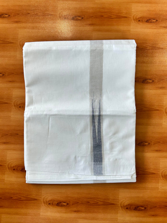 Pure White Double Mundu/Dhoti - 20% Discount ! Kaitharikada Balaramapuram 100% Cotton - 100x80 - 1 inch Puliyilakkara Silver Kasav & Ash Blue Chutty Kara 3.90 mtr (8 muzham) - 23 KK5446 VAS