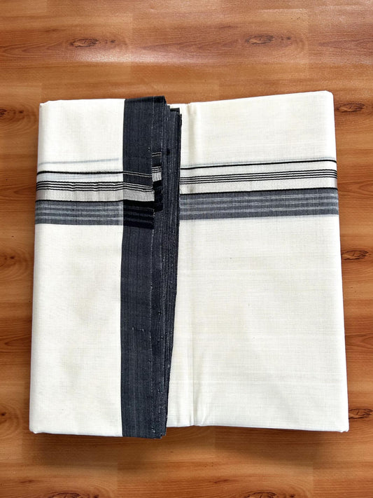 Double Off White (Unbleached) Mundu/Dhoti- 25% Discount! KaithariKada Handloom Millpaav - Kerala Handloom - Cotton - 80x90 - 1.25 inch Silver Kasav & Black Shaded Striped Kara 4.50 meter (10 Muzham) - 29 KK5396 RAM