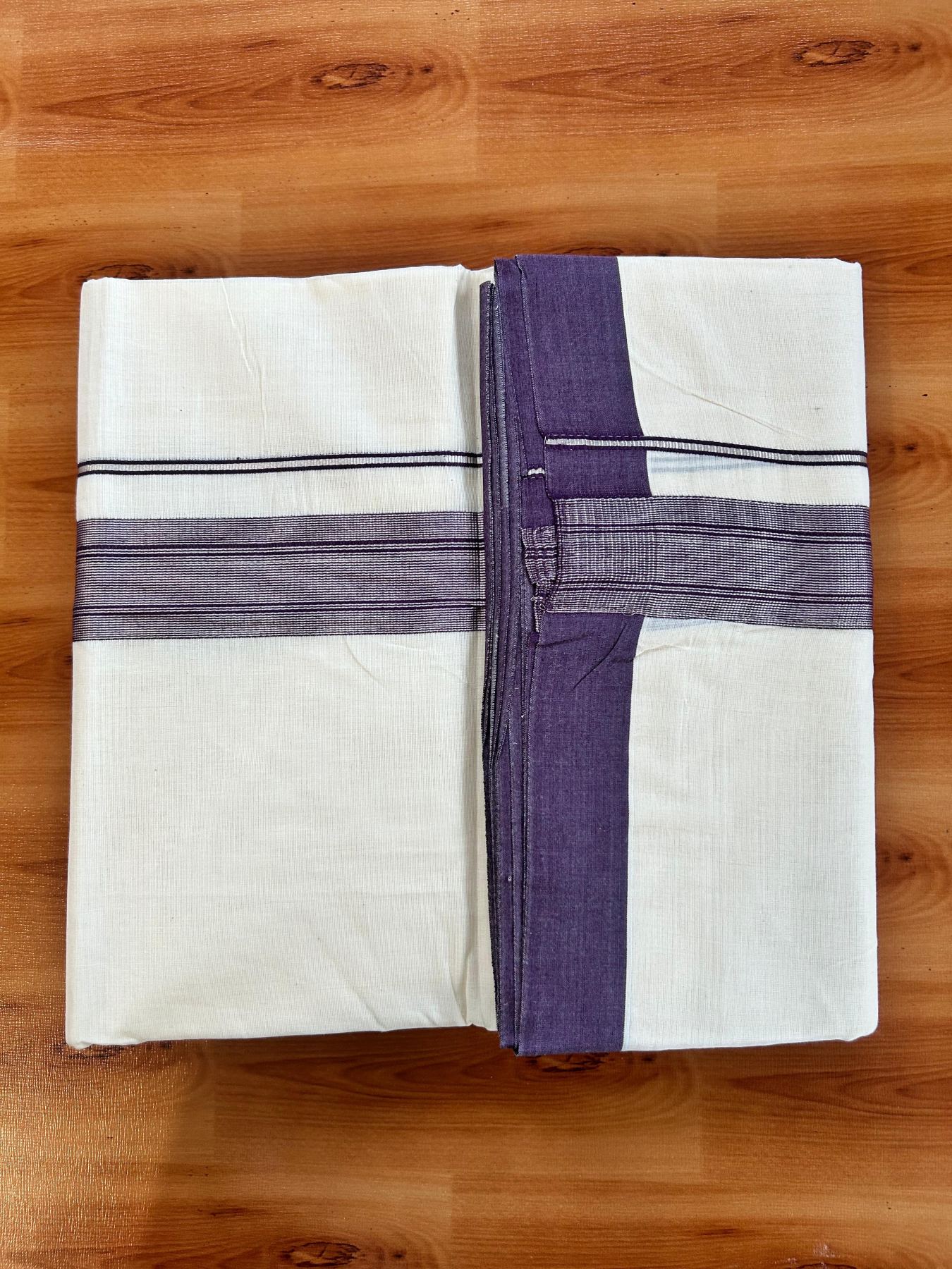 Double Off White (Unbleached) Mundu/Dhoti - 20% Discount! Kaitharikada Pure Cotton - 80x80 - 1.5 Inch Silver Kasav Wine purple Striped Kara 4 mtr (8.5 muzham) - 21 KK5489 MRH