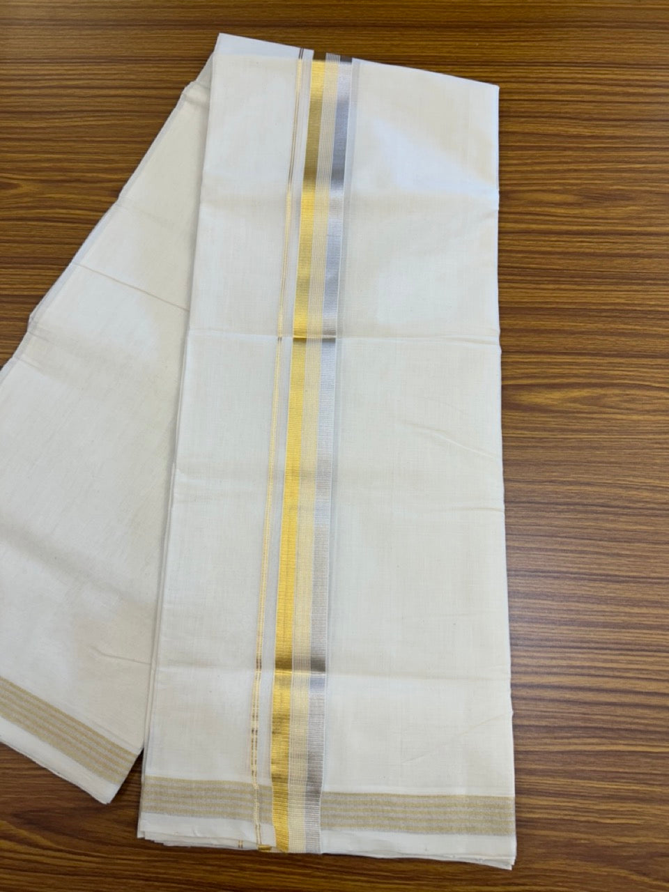 25% DISCOUNT!! KaithariKada HANDLOOM MILPAAV Balaramapuram - 100% PURE Cotton OFF White Double - (Unbleached) Mundu/Dothi - 80x90 - 1.5 inch Gold silver kasavu & White striped Kara - 84 KK5234 RAM
