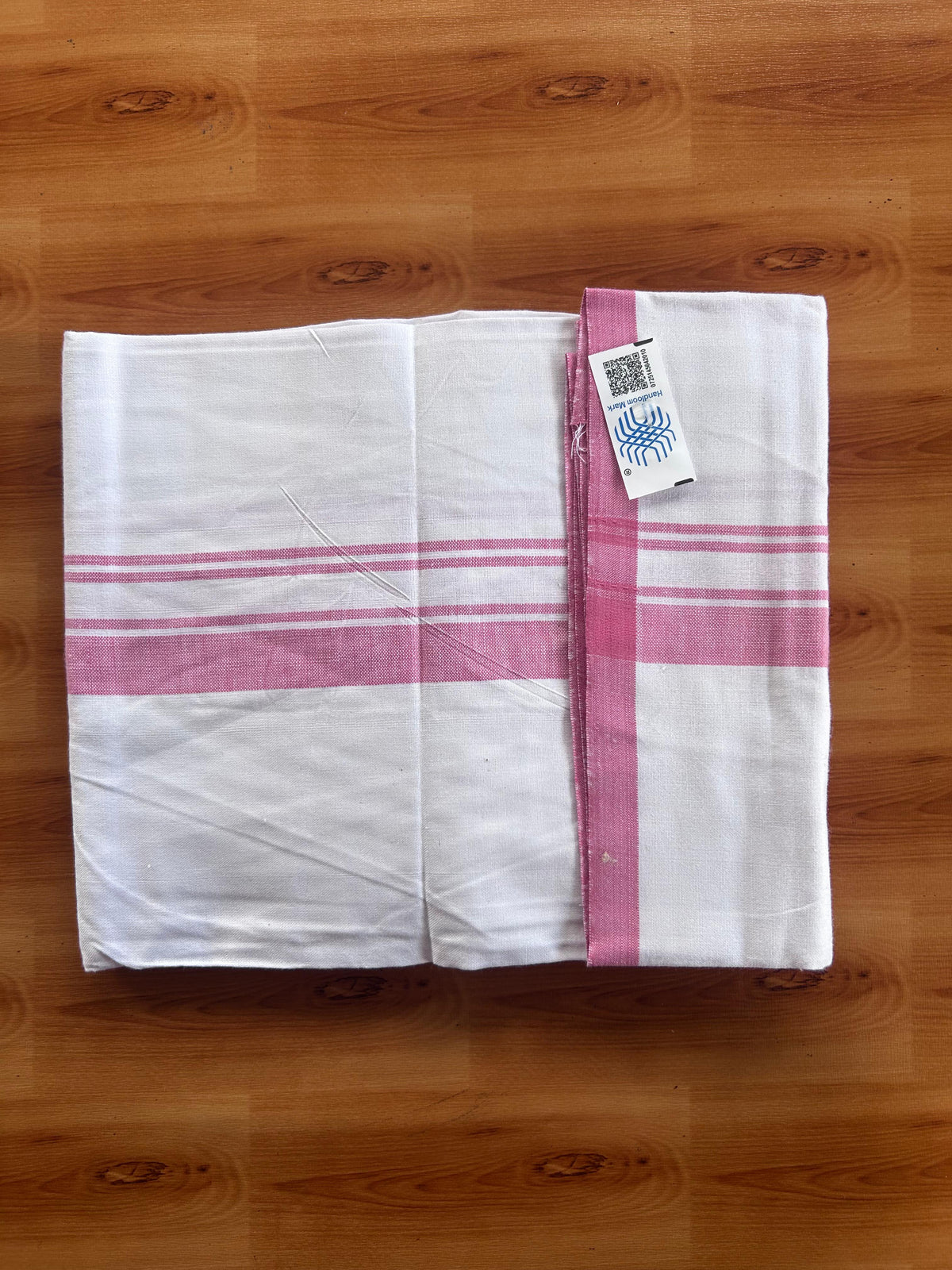 Kerala Handloom - Signature Kaitharikada - 100% Pure Cotton 2/40sx26s Thread - Light White Single Mundu / Dhoti - 1 inch Rose Pink Shaded Striped Kara - (2 meter / 4 muzham) - 69 KK8080 KAL