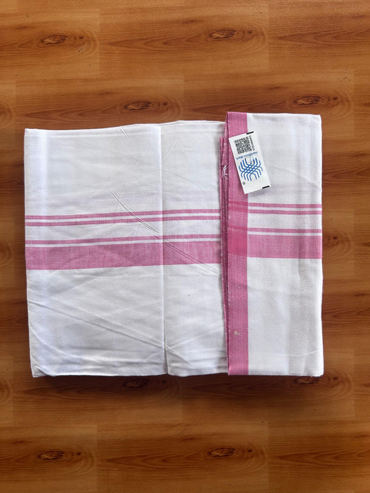 Kerala Handloom - Signature Kaitharikada - 100% Pure Cotton 2/40sx26s Thread - Light White Single Mundu / Dhoti - 1 inch Rose Pink Shaded Striped Kara - (2 meter / 4 muzham) - 69 KK8080 KAL