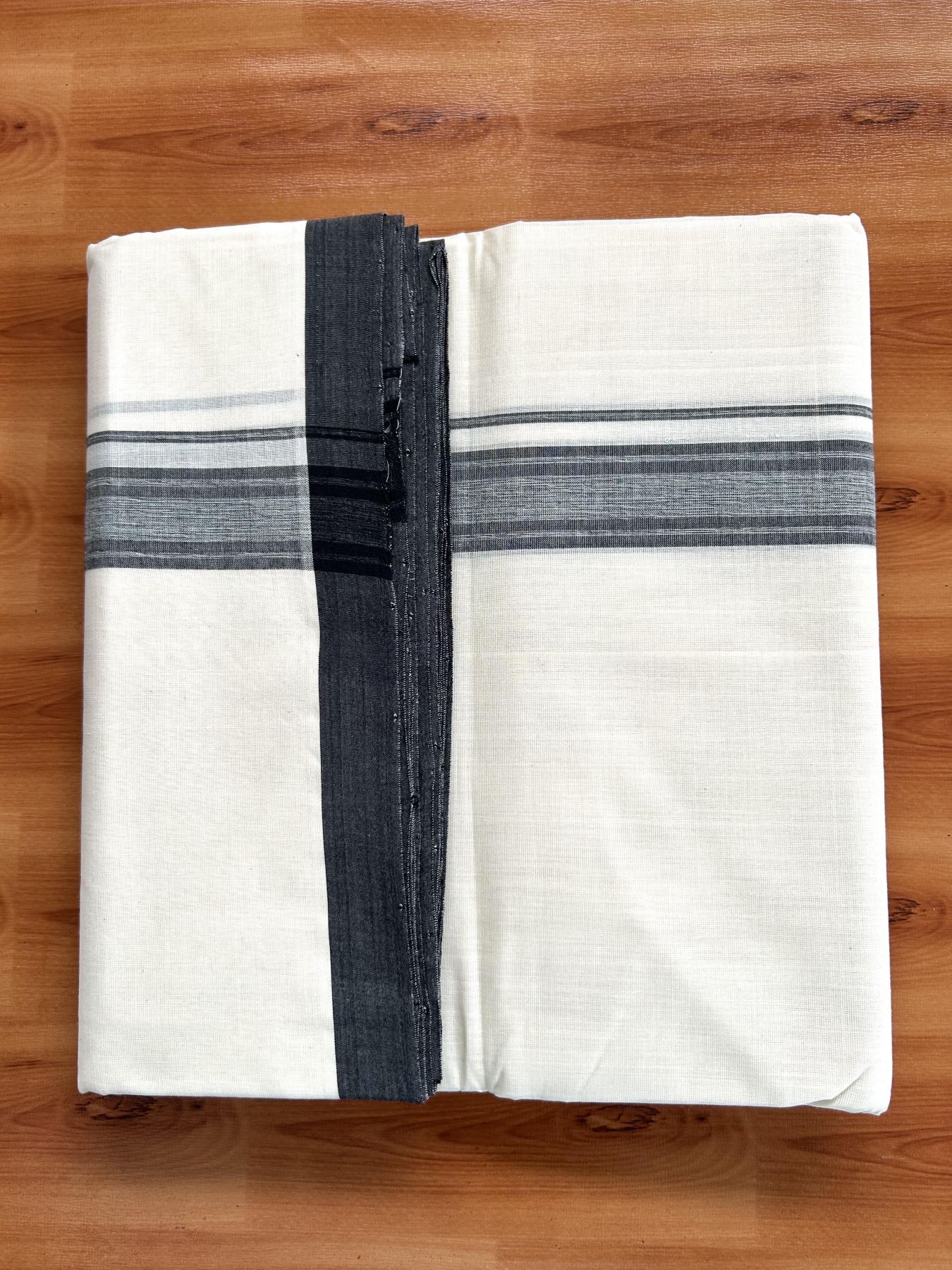 Double Off White (Unbleached) Mundu/Dhoti- 25% Discount! KaithariKada Handloom Millpaav - Kerala Handloom - Cotton - 80x90 - 1.25 inch Black Shaded Striped Kara 4.50 meter (10 Muzham) - 16 KK5396 RAM