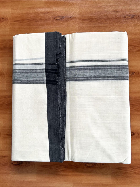 Double Off White (Unbleached) Mundu/Dhoti- 25% Discount! KaithariKada Handloom Millpaav - Kerala Handloom - Cotton - 80x90 - 1.25 inch Black Shaded Striped Kara 4.50 meter (10 Muzham) - 16 KK5396 RAM