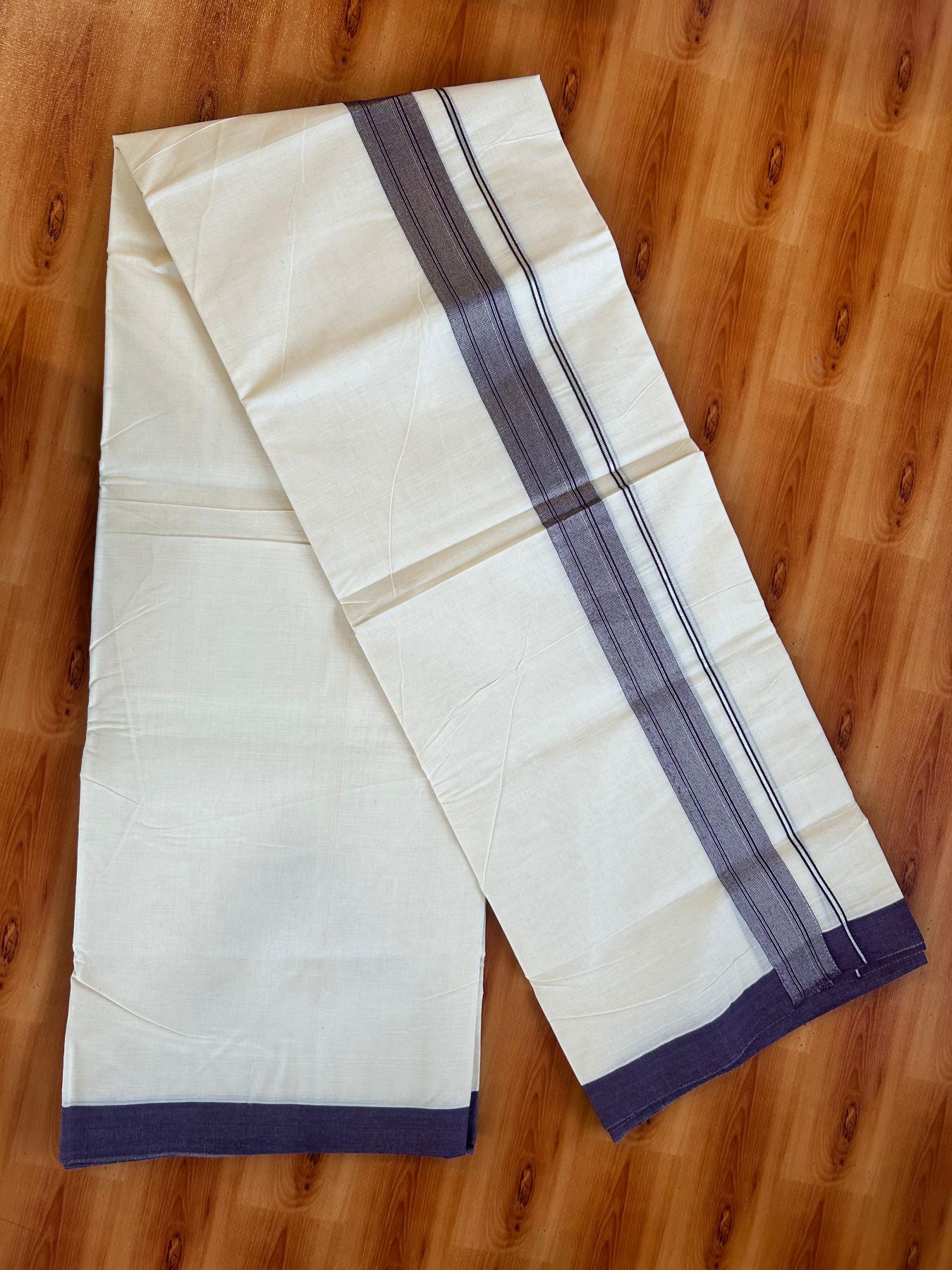 Double Off White (Unbleached) Mundu/Dhoti - 20% Discount! Kaitharikada Pure Cotton - 80x80 - 1.5 Inch Silver Kasav Wine purple Striped Kara 4 mtr (8.5 muzham) - 21 KK5489 MRH