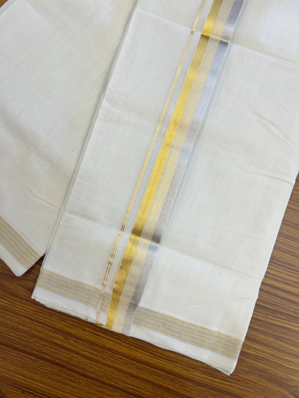 25% DISCOUNT!! KaithariKada HANDLOOM MILPAAV Balaramapuram - 100% PURE Cotton OFF White Double - (Unbleached) Mundu/Dothi - 80x90 - 1.5 inch Gold silver kasavu & White striped Kara - 84 KK5234 RAM