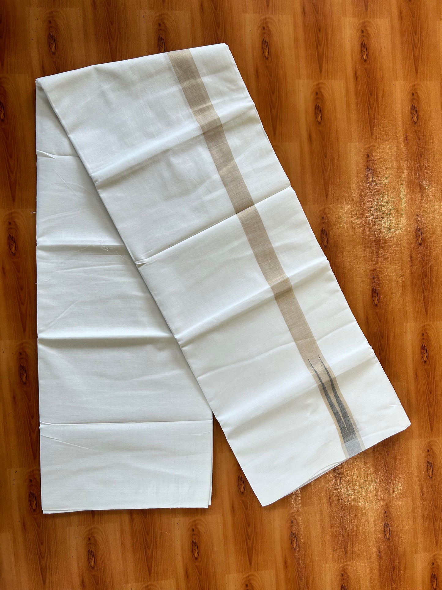 Pure White Double Mundu/Dhoti - 20% Discount ! Kaitharikada Balaramapuram 100% Cotton - 100x80 - 1 inch Puliyilakkara Gold Kasav & Ash Grey Chutty Kara 3.90 mtr (8 muzham) - 19 KK5446 VAS