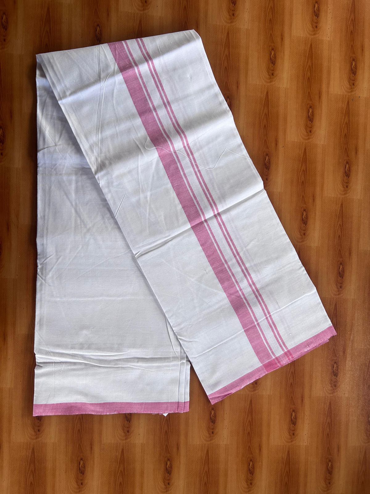 Kerala Handloom - Signature Kaitharikada - 100% Pure Cotton 2/40sx26s Thread - Light White Single Mundu / Dhoti - 1 inch Rose Pink Shaded Striped Kara - (2 meter / 4 muzham) - 69 KK8080 KAL