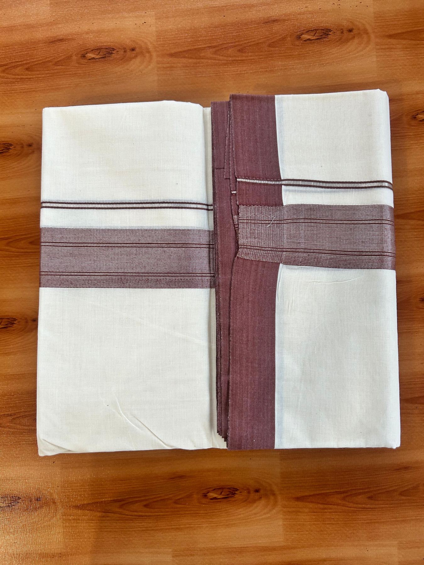 Double Off White (Unbleached) Mundu/Dhoti - 20% Discount! Kaitharikada Pure Cotton - 80x80 - 1.5 Inch Silver Kasav Brown Striped Kara 4 mtr (8.5 muzham) - 22 KK5489 MRH