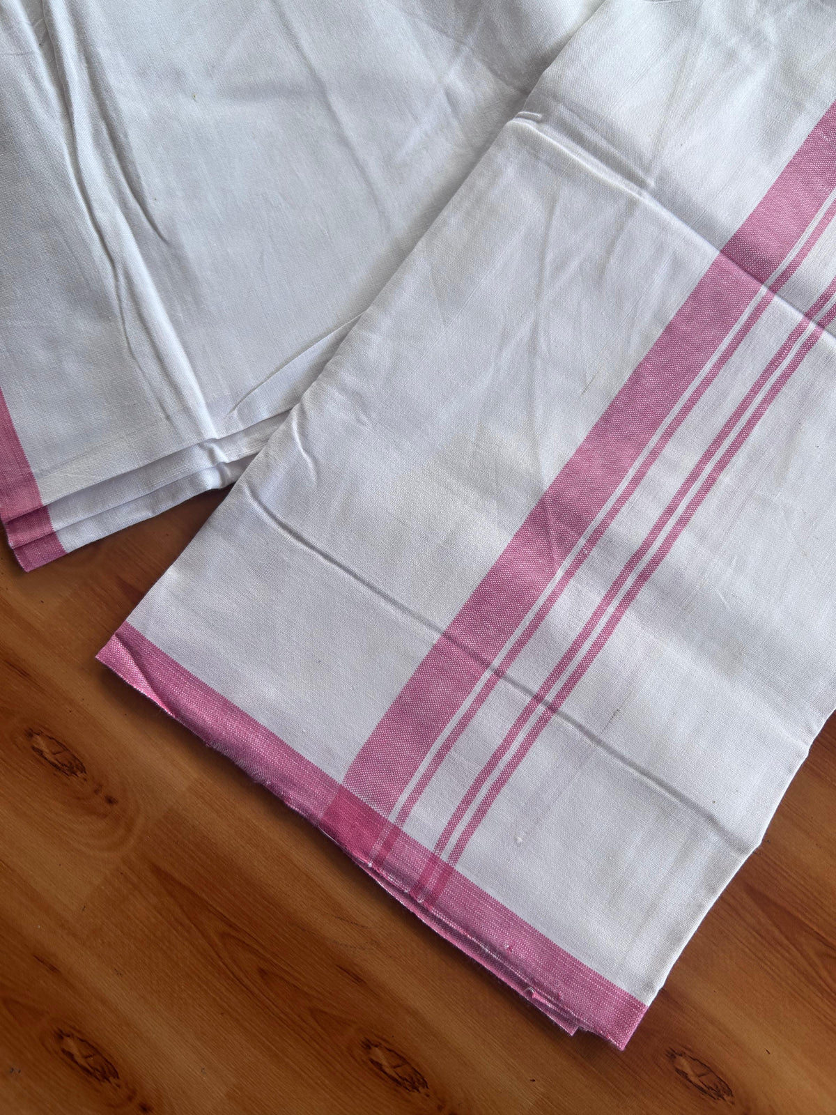 Kerala Handloom - Signature Kaitharikada - 100% Pure Cotton 2/40sx26s Thread - Light White Single Mundu / Dhoti - 1 inch Rose Pink Shaded Striped Kara - (2 meter / 4 muzham) - 69 KK8080 KAL