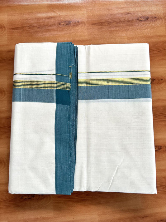 Double Off White (Unbleached) Mundu/Dhoti- 25% Discount! KaithariKada Handloom Millpaav - Kerala Handloom - Cotton - 80x90 - 1.25 inch Gold Kasav & Peacock Blue Shaded Striped Kara 4.50 meter (10 Muzham) - 27 KK5396 RAM