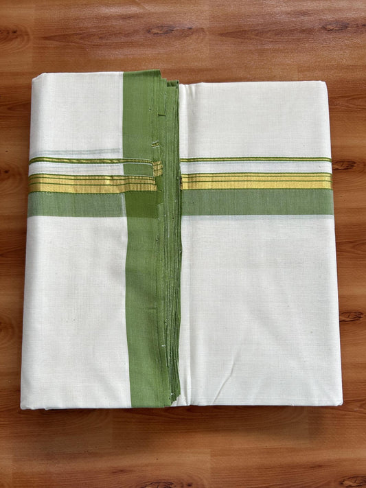 Double Off White (Unbleached) Mundu/Dhoti- 25% Discount! KaithariKada Handloom Millpaav - Kerala Handloom - Cotton - 80x90 - 1.25 inch Gold Kasav & Light Green Shaded Striped Kara 4.50 meter (10 Muzham) - 28 KK5396 RAM