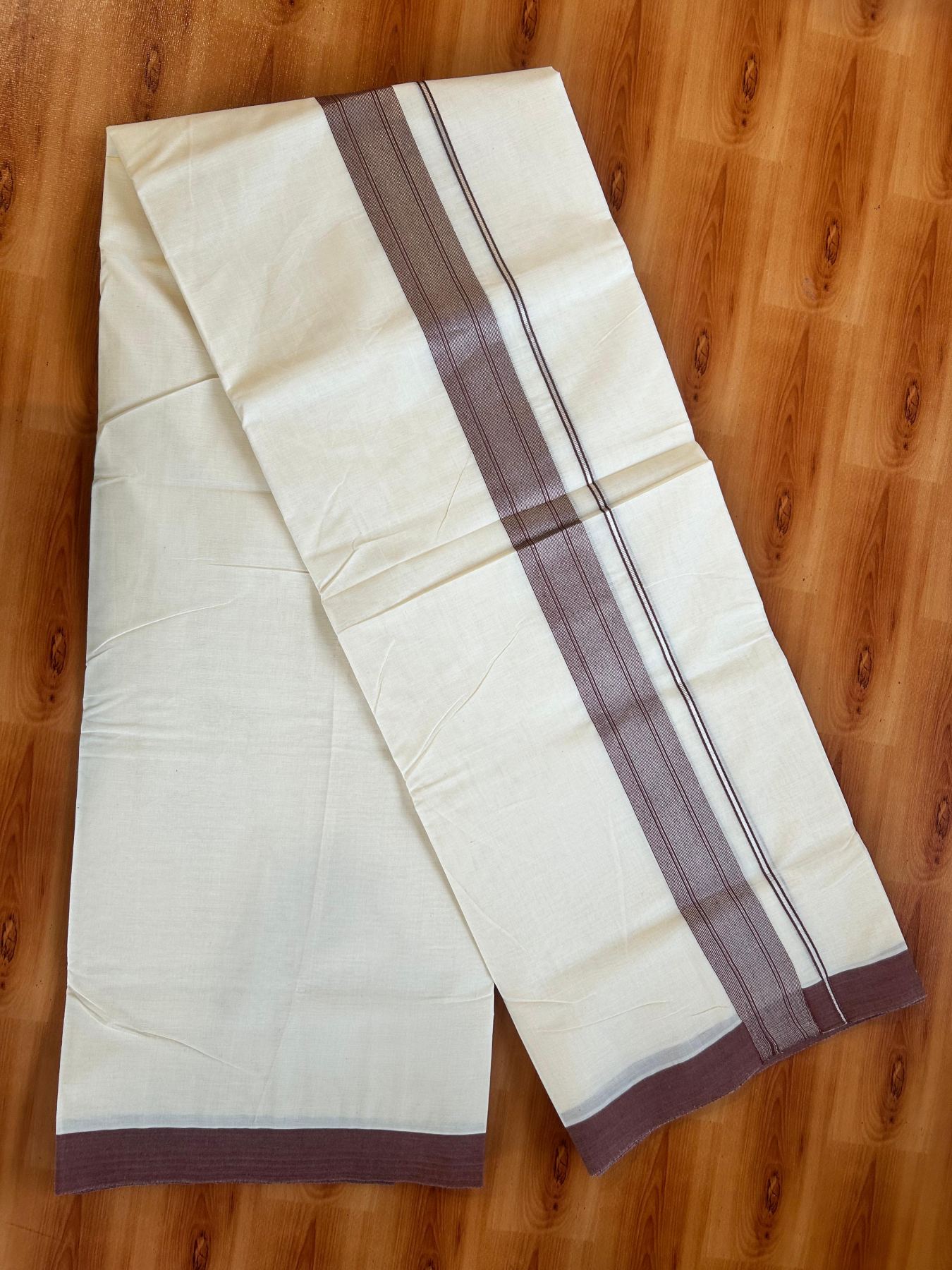 Double Off White (Unbleached) Mundu/Dhoti - 20% Discount! Kaitharikada Pure Cotton - 80x80 - 1.5 Inch Silver Kasav Brown Striped Kara 4 mtr (8.5 muzham) - 22 KK5489 MRH