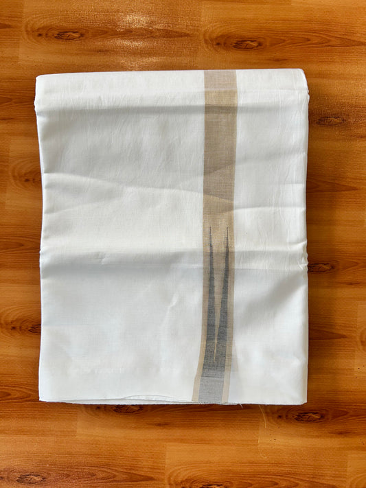 Pure White Double Mundu/Dhoti - 20% Discount ! Kaitharikada Balaramapuram 100% Cotton - 100x80 - 1 inch Puliyilakkara Gold Kasav & Ash Grey Chutty Kara 3.90 mtr (8 muzham) - 19 KK5446 VAS