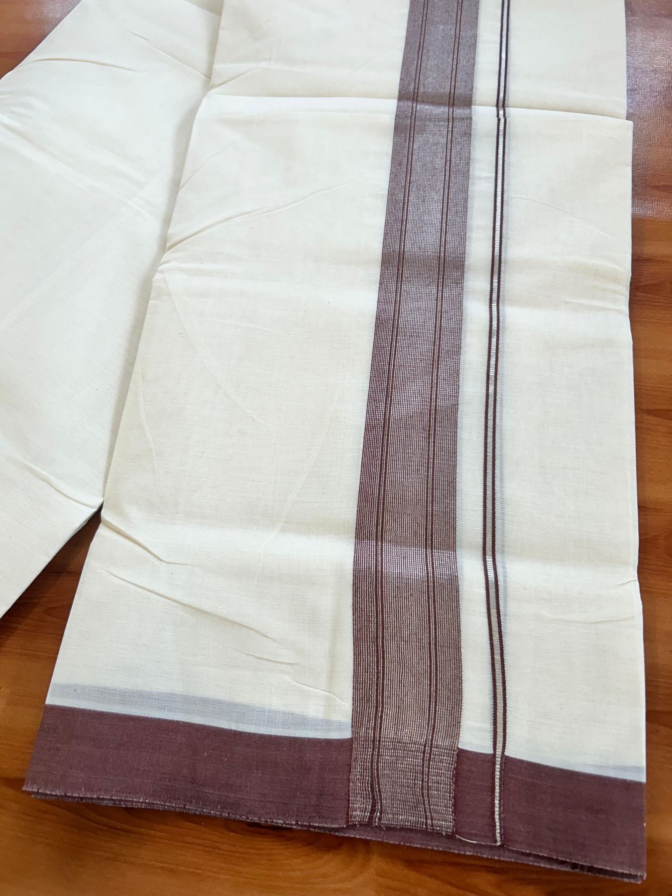 Double Off White (Unbleached) Mundu/Dhoti - 20% Discount! Kaitharikada Pure Cotton - 80x80 - 1.5 Inch Silver Kasav Brown Striped Kara 4 mtr (8.5 muzham) - 22 KK5489 MRH