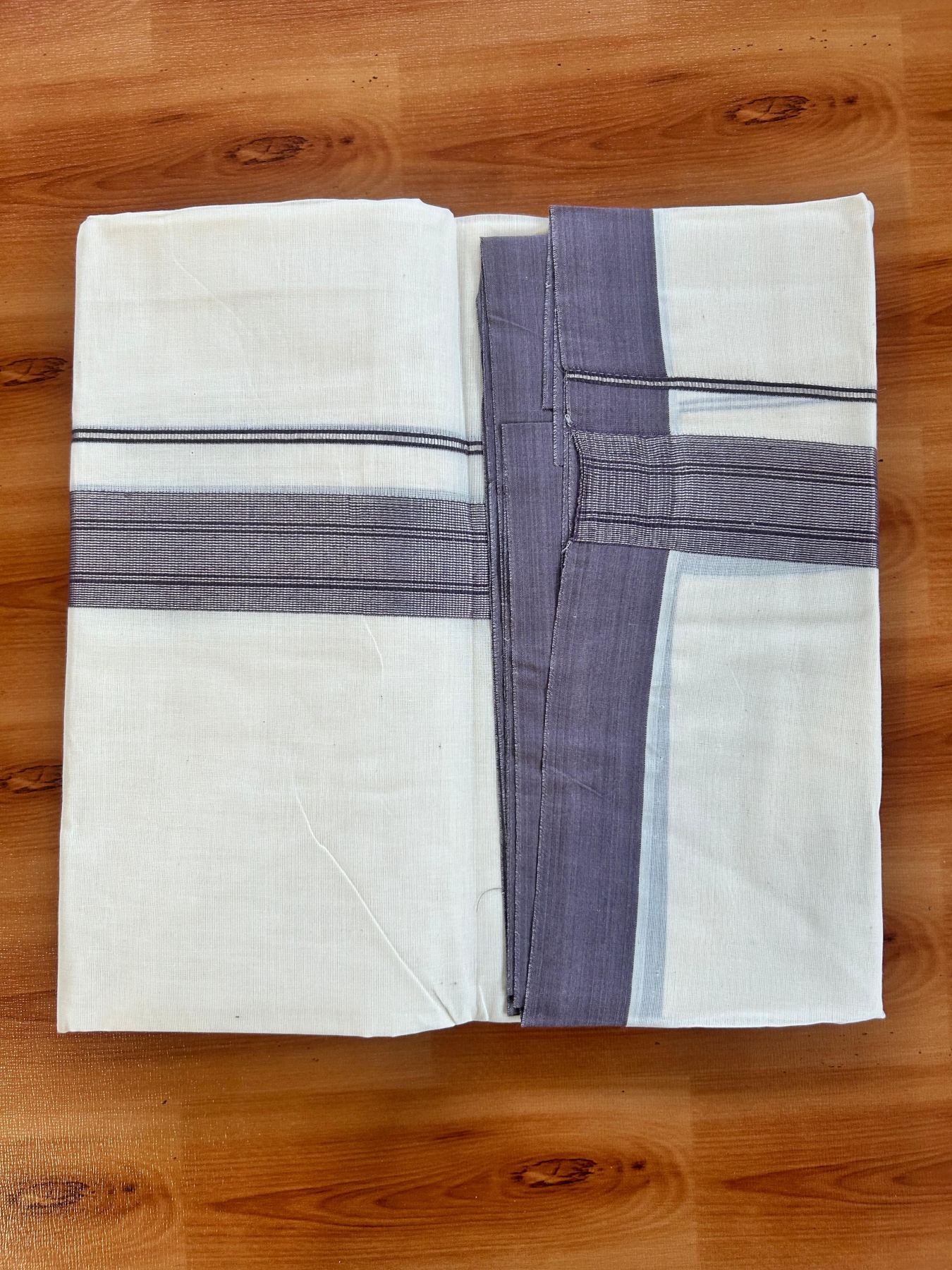 Double Off White (Unbleached) Mundu/Dhoti - 20% Discount! Kaitharikada Pure Cotton - 80x80 - 1.5 Inch Silver Kasav Purple ash Striped Kara 4 mtr (8.5 muzham) - 23 KK5489 MRH