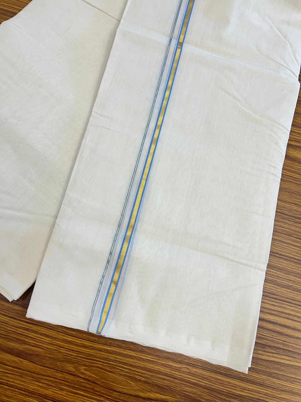 25% DISCOUNT!! KaithariKada HANDLOOM MILPAAV Balaramapuram - 100% PURE Cotton OFF White Double - (Unbleached) Mundu/Dothi - 80x90 - 1 cm Kasavu Sky blue Kara - 78KK5234 RAM
