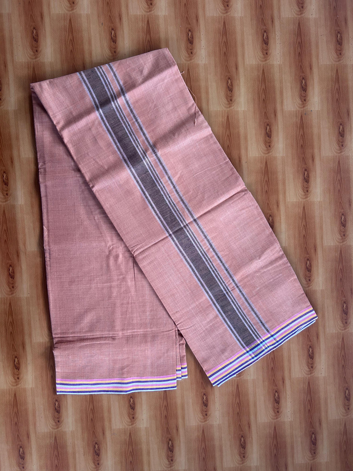 Kerala Handloom - Signature Kaitharikada - 100% Pure Cotton 2/40x26s Thread - Single Mundu / Dhoti - 1.75 inch Black & White Shaded Striped Kara with Kavi colour Body - 74 KK8080 KAL