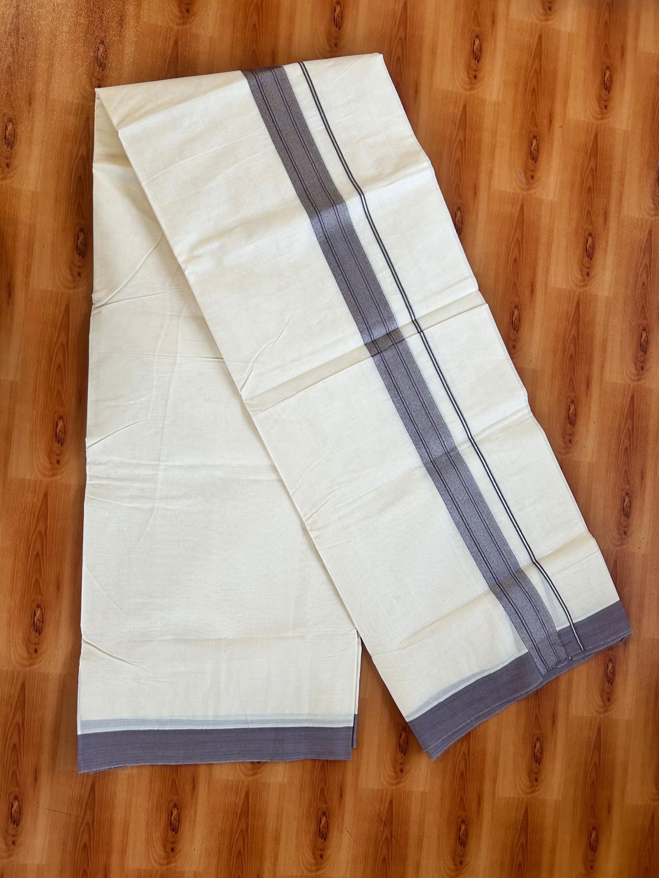Double Off White (Unbleached) Mundu/Dhoti - 20% Discount! Kaitharikada Pure Cotton - 80x80 - 1.5 Inch Silver Kasav Purple ash Striped Kara 4 mtr (8.5 muzham) - 23 KK5489 MRH