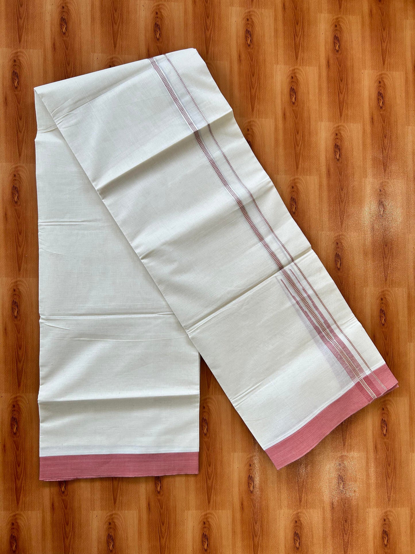 Off White Double (Unbleached) Mundu/Dhoti - 20% Discount! KaithariKada Balaramapuram 100% Cotton -100x80 - 1 inch Silver Kasav & Dusty Rose Puliyilakkara Chutty Kara 4 mtr (8.5 Muzham) - 37 KK5440 VIN