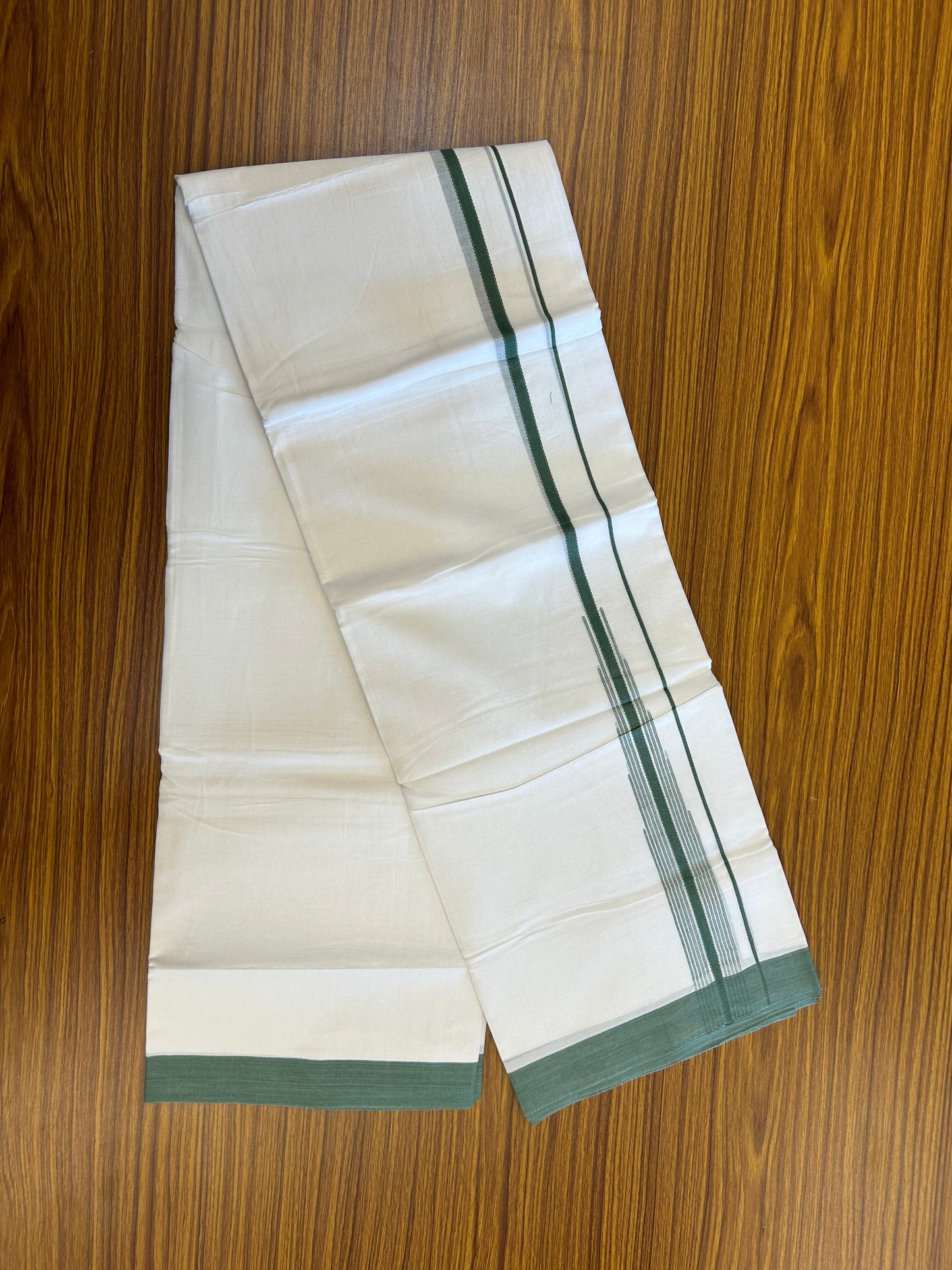 20% Discount ! Kaitharikada Balaramapuram 100% Pure Cotton Double Pure White Mundu/Dhoti - 100x80 - 1.25 inch Forest Green  Shaded Striped Chutty 3.90 mtr (8 muzham) - 73 KK5361 PMC