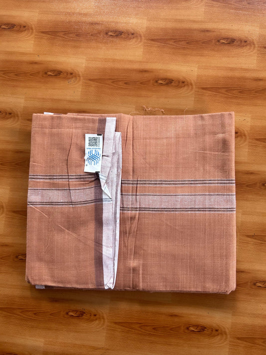 Kerala Handloom - Signature Kaitharikada - 100% Pure Cotton 2/40x26s Thread - Single Mundu / Dhoti - 1 inch Black & White Shaded Striped Kara with Kavi colour Body - 75 KK8080 KAL