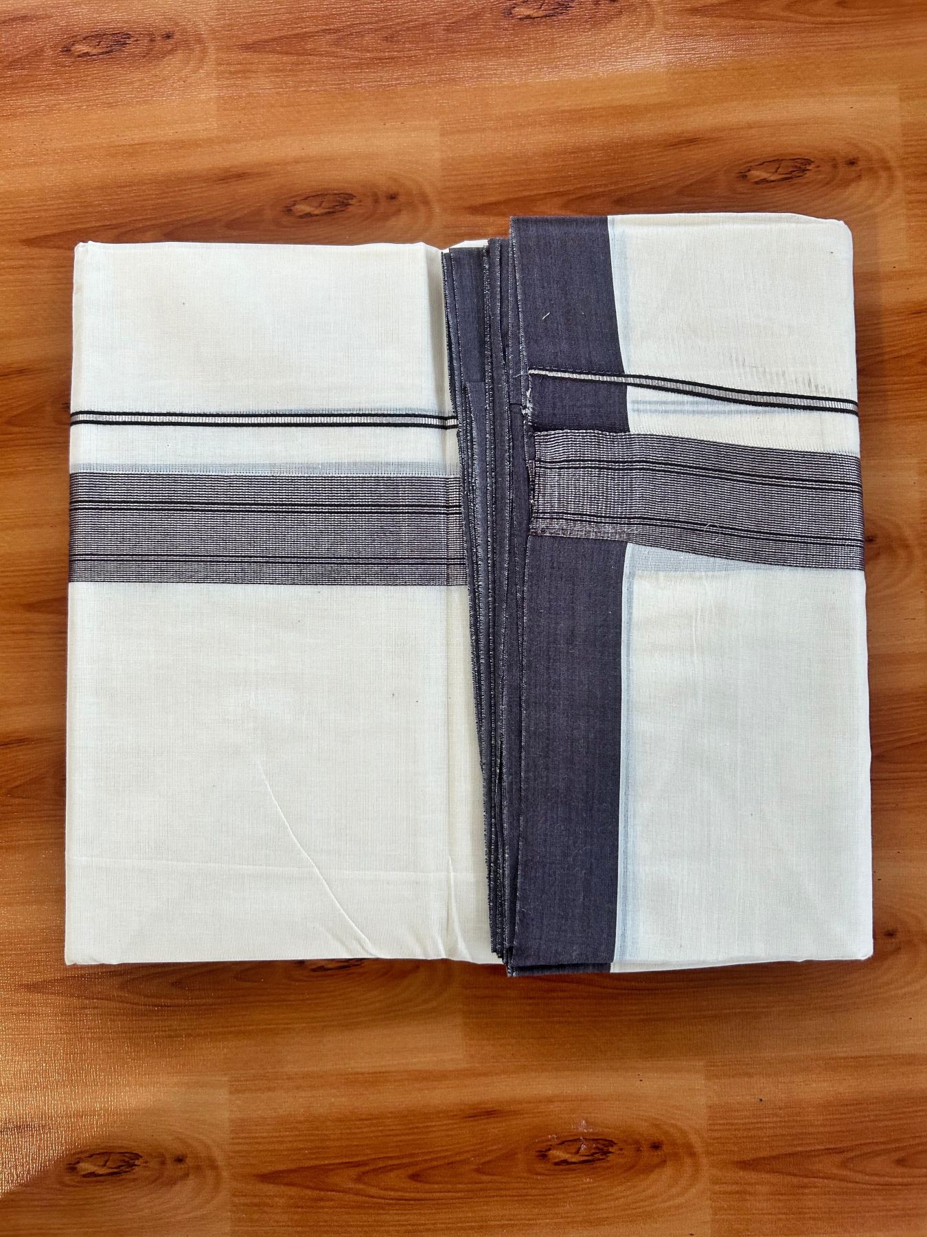 Double Off White (Unbleached) Mundu/Dhoti - 20% Discount! Kaitharikada Pure Cotton - 80x80 - 1.5 Inch Silver Kasav Purple Brown Striped Kara 4 mtr (8.5 muzham) - 24 KK5489 MRH