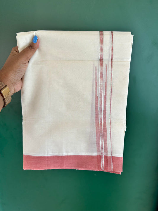Off White Double (Unbleached) Mundu/Dhoti - 20% Discount! KaithariKada Balaramapuram 100% Cotton -100x80 - 1 inch Silver Kasav & Dusty Rose Puliyilakkara Chutty Kara 4 mtr (8.5 Muzham) - 37 KK5440 VIN