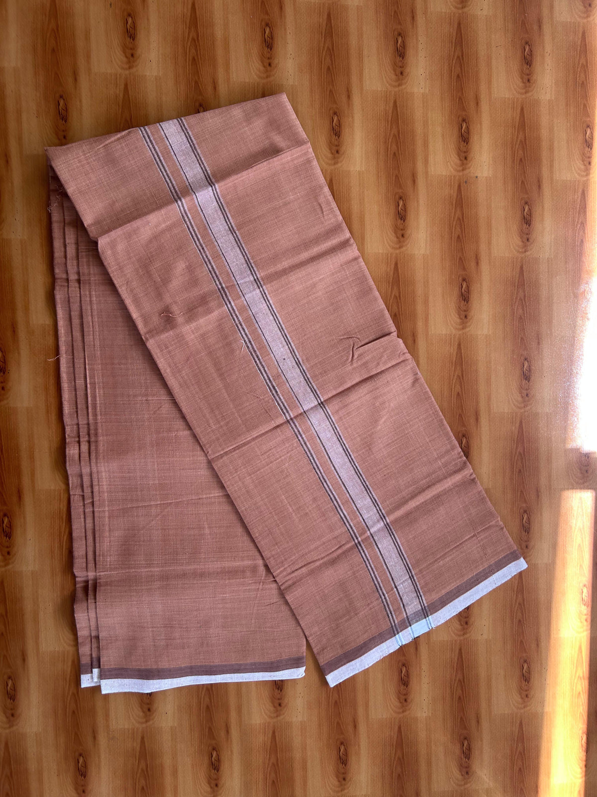 Kerala Handloom - Signature Kaitharikada - 100% Pure Cotton 2/40x26s Thread - Single Mundu / Dhoti - 1 inch Black & White Shaded Striped Kara with Kavi colour Body - 75 KK8080 KAL
