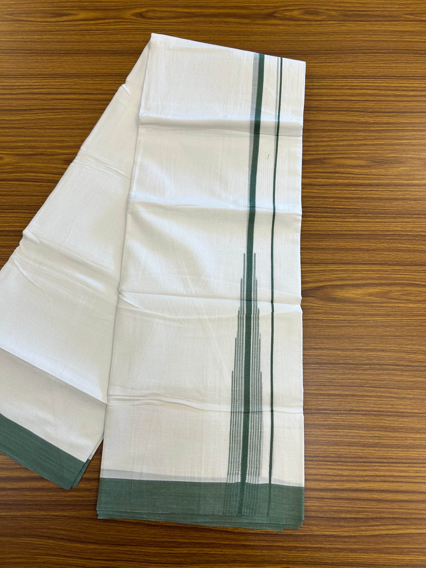 20% Discount ! Kaitharikada Balaramapuram 100% Pure Cotton Double Pure White Mundu/Dhoti - 100x80 - 1.25 inch Forest Green  Shaded Striped Chutty 3.90 mtr (8 muzham) - 73 KK5361 PMC