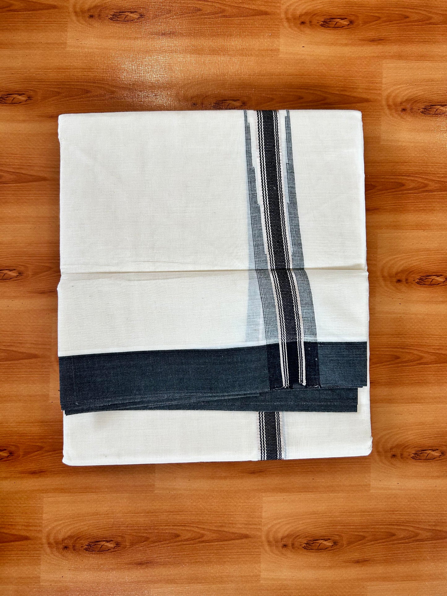 Off White Double (Unbleached) Mundu/Dhoti - 20% Discount! KaithariKada Balaramapuram 100% Cotton - 100x80 - 1 inch Silver Kasav & Black Stripes Puliyilakkara Chutty Kara 4 mtr (8.5 Muzham) - 57 KK5440 VIN