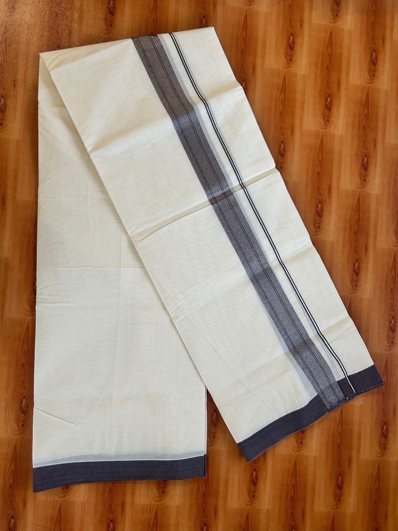 Double Off White (Unbleached) Mundu/Dhoti - 20% Discount! Kaitharikada Pure Cotton - 80x80 - 1.5 Inch Silver Kasav Purple Brown Striped Kara 4 mtr (8.5 muzham) - 24 KK5489 MRH