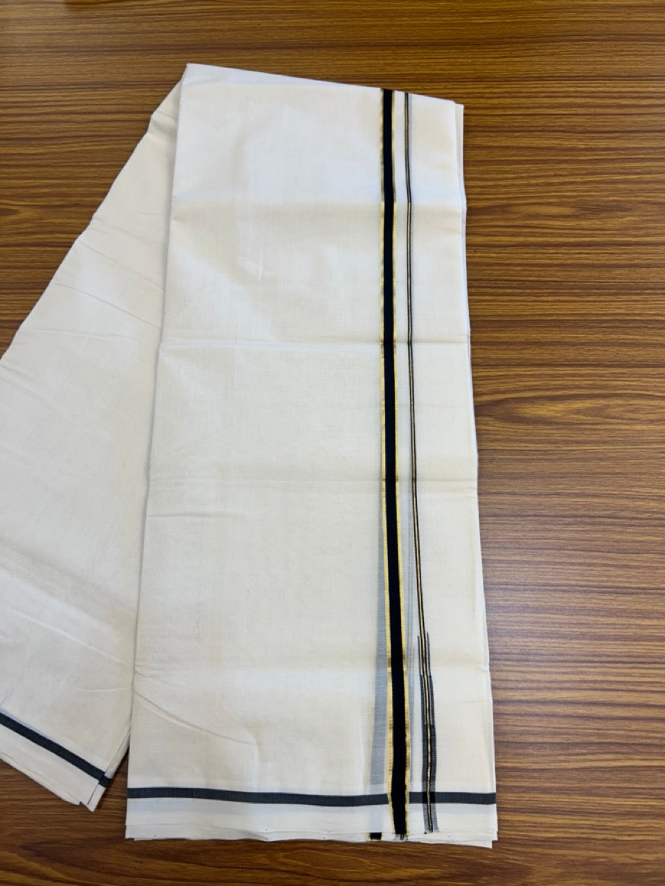 25% DISCOUNT!! KaithariKada HANDLOOM MILPAAV Balaramapuram - 100% PURE Cotton OFF White Double - (Unbleached) Mundu/Dothi - 80x90 - 0.5 Inch Kasavu Black Puliyilakkara chutty - 69KK5234 RAM