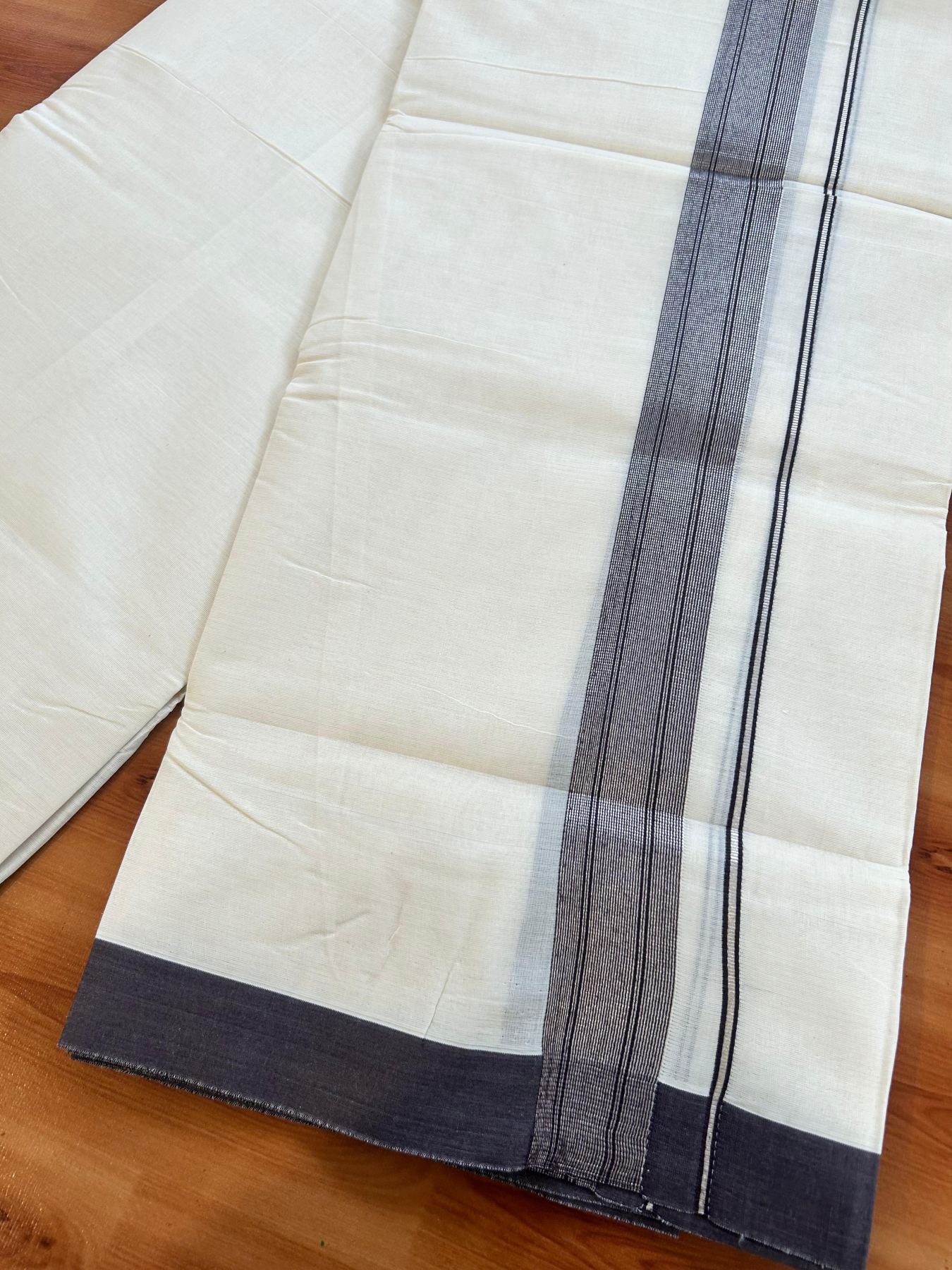 Double Off White (Unbleached) Mundu/Dhoti - 20% Discount! Kaitharikada Pure Cotton - 80x80 - 1.5 Inch Silver Kasav Purple Brown Striped Kara 4 mtr (8.5 muzham) - 24 KK5489 MRH