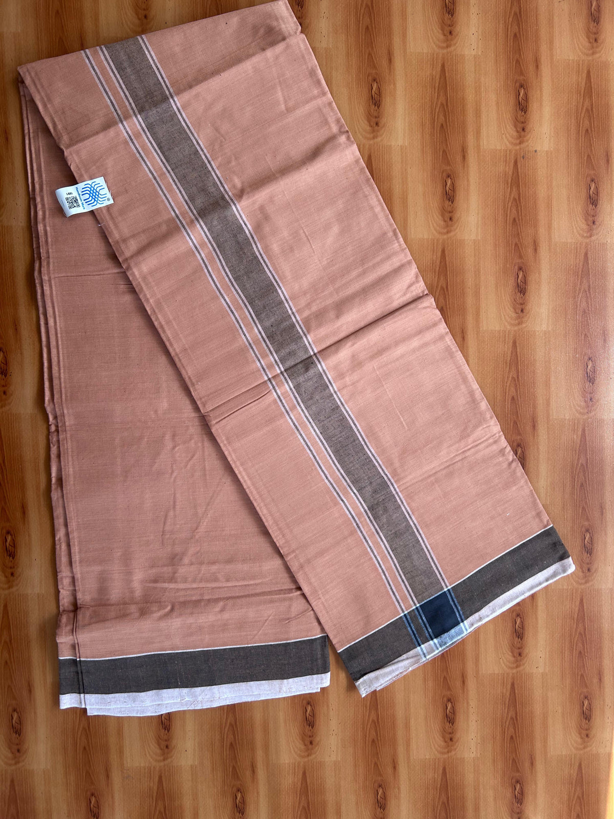 Kerala Handloom - Signature Kaitharikada - 100% Pure Cotton 2/60x40s Thread - Single Mundu / Dhoti - 1.5 inch Black & White Shaded Striped Kara with Kavi colour Body - 76 KK8080 KAL