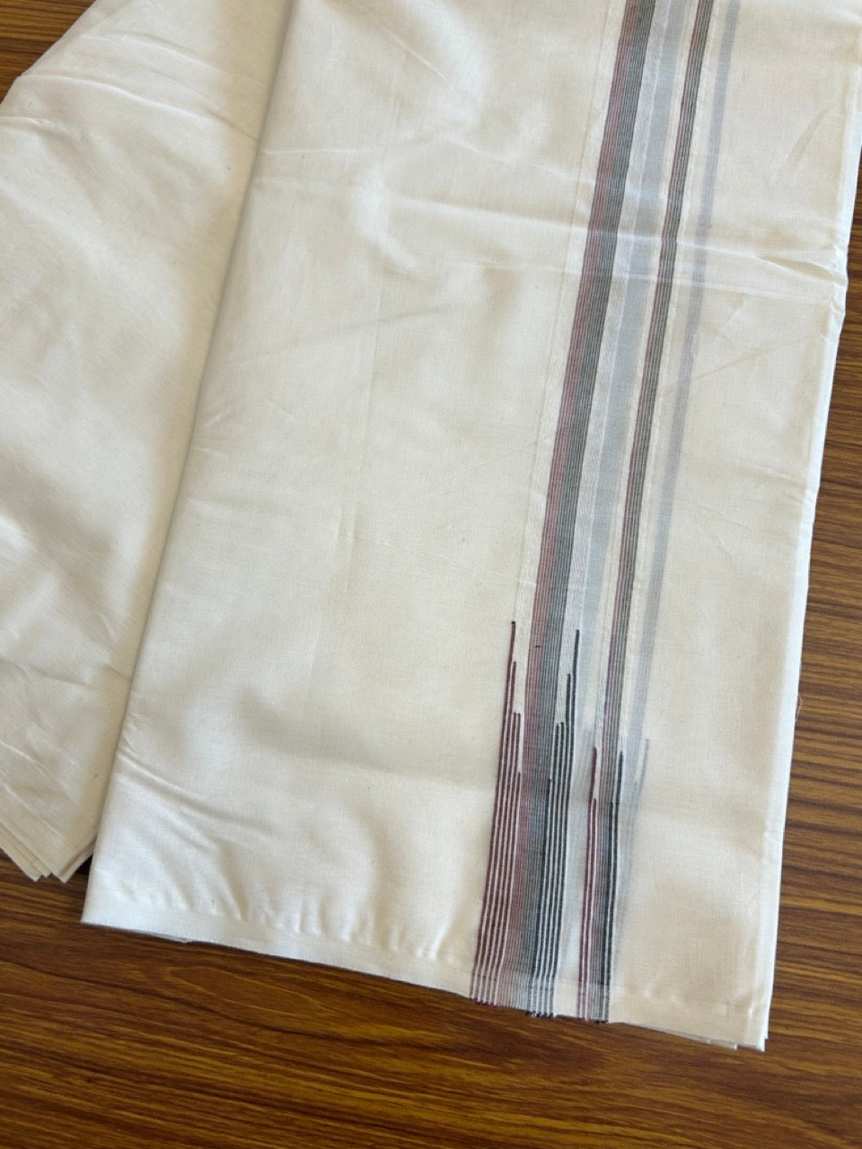 ADMK VESHTI SHORT DHOTI SPECIAL! Kaitharikada.com - 19% Discount! Balaramapuram Double Off white - (Unbleached) Mundu/Dhoti - 100X100 - 1 inch Kara & 46 inches Height Puliyilakkara Maroon & Black Striped Chutty Kara - 2KK5080ASH