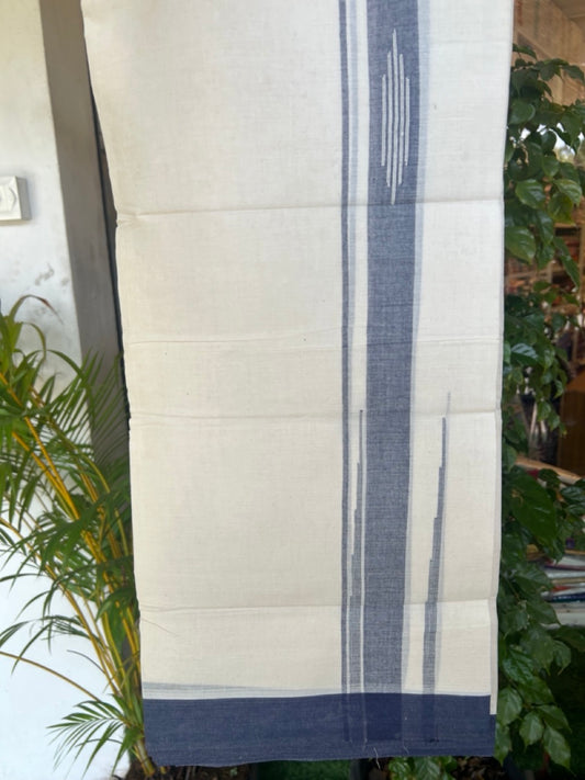 25% DISCOUNT! KaithariKada Balaramapuram Double OFF WHITE 100% Cotton Mundu/Dhoti - 100x80 - 2 inch Putta Design Navy Blue chutty kara - 5KK5174THI