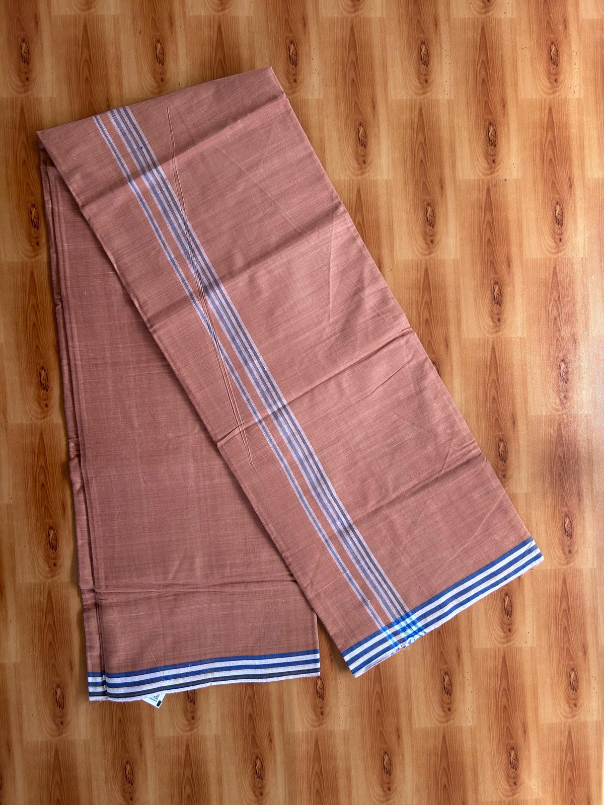Kerala Handloom - Signature Kaitharikada - 100% Pure Cotton 2/60x40s Thread - Single Mundu / Dhoti - 1 inch Blue & White Shaded Striped Kara with Kavi colour Body - 77 KK8080 KAL