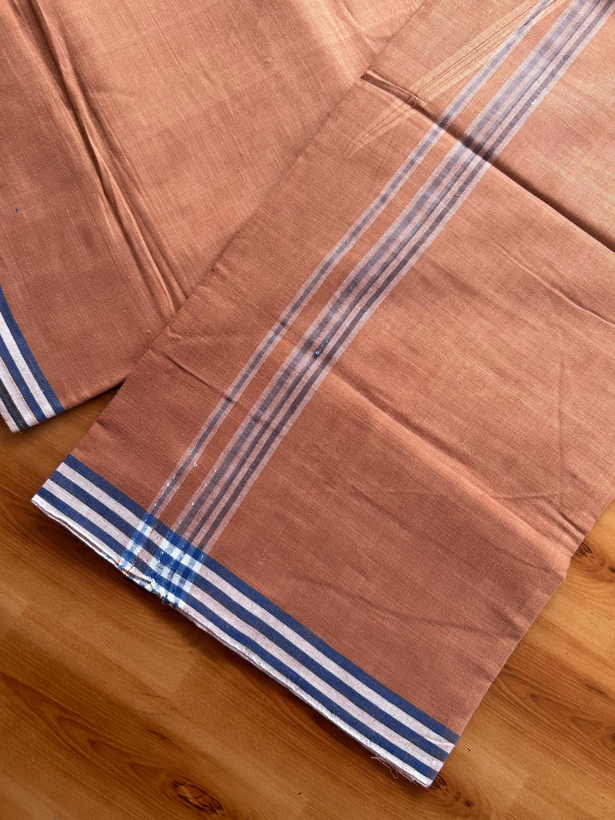 Kerala Handloom - Signature Kaitharikada - 100% Pure Cotton 2/60x40s Thread - Single Mundu / Dhoti - 1 inch Blue & White Shaded Striped Kara with Kavi colour Body - 77 KK8080 KAL