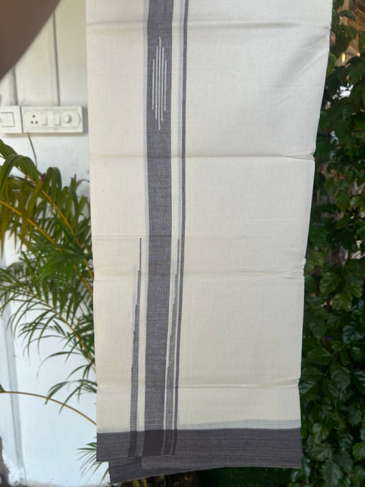 25% DISCOUNT! KaithariKada Balaramapuram Double OFF WHITE 100% Cotton Mundu/Dhoti - 100x80 - 1.5 inch Putta Design Brown chutty kara - 1KK5174THI