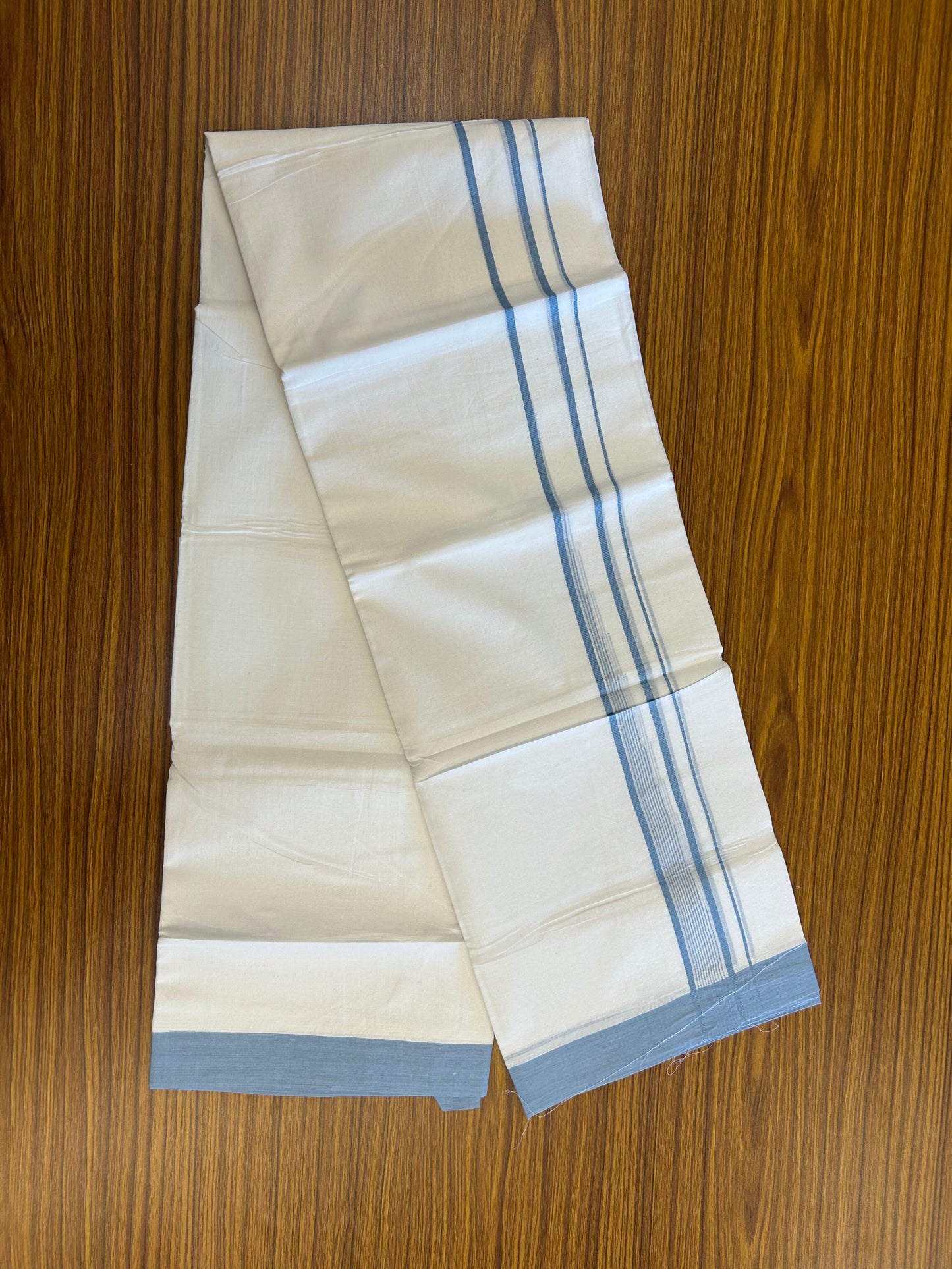 20% Discount ! Kaitharikada Balaramapuram 100% Pure Cotton Double Pure White Mundu/Dhoti - 100x80 - 1.25 inch Sea Blue shaded striped chutty 3.90 mtr (8.5 muzham) - 56 KK5361 PMC