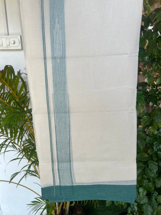 25% DISCOUNT! KaithariKada Balaramapuram Double OFF WHITE 100% Cotton Mundu/Dhoti - 100x80 - 1.25 inch Putta Design Green shaded chutty kara - 2KK5174THI
