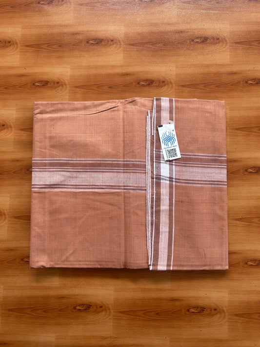 Kerala Handloom - Signature Kaitharikada - 100% Pure Cotton 2/80x2/80s Thread - Single Mundu / Dhoti - 1 inch White Shaded Striped Kara with Kavi colour Body - 78 KK8080 KAL