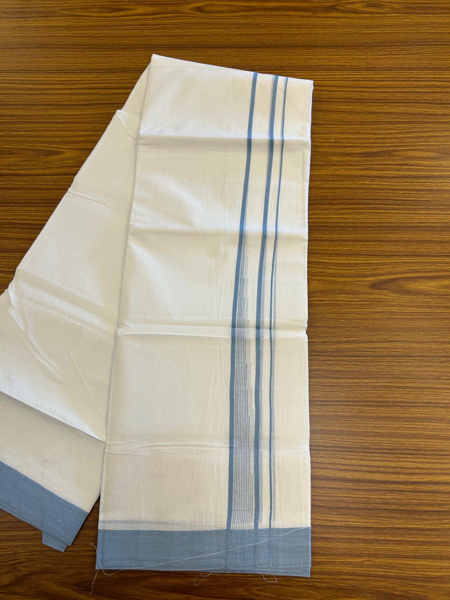 20% Discount ! Kaitharikada Balaramapuram 100% Pure Cotton Double Pure White Mundu/Dhoti - 100x80 - 1.25 inch Sea Blue shaded striped chutty 3.90 mtr (8.5 muzham) - 56 KK5361 PMC
