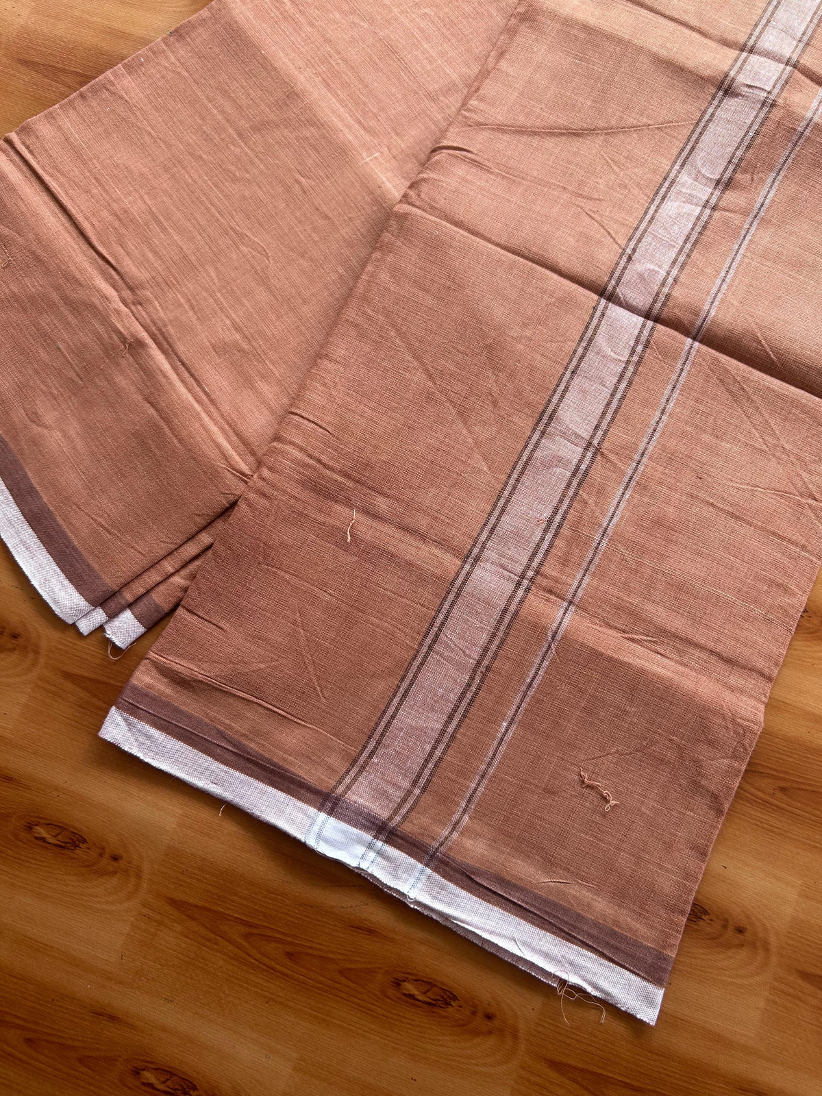Kerala Handloom - Signature Kaitharikada - 100% Pure Cotton 2/40x26s Thread - Single Mundu / Dhoti - 1 inch White Shaded Striped Kara with Kavi colour Body - 79 KK8080 KAL