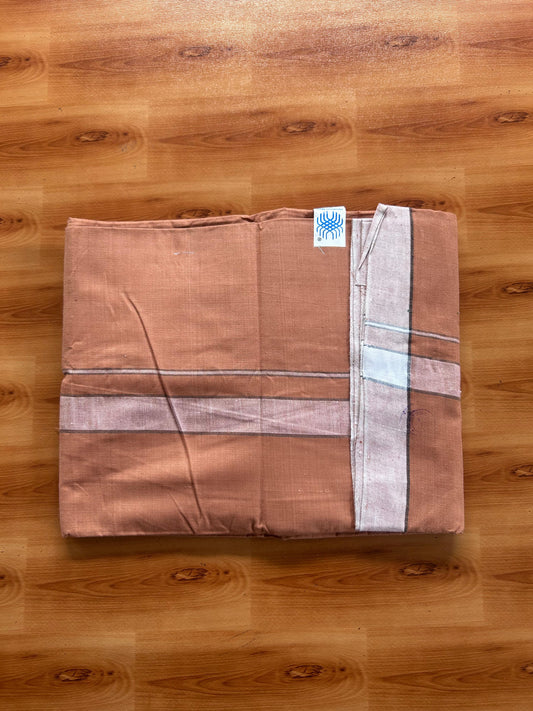 Kerala Handloom - Signature Kaitharikada - 100% Pure Cotton 2/60x40s Thread - Single Mundu / Dhoti - 1 inch White & Grey Shaded Striped Kara with Kavi colour Body - 80 KK8080 KAL