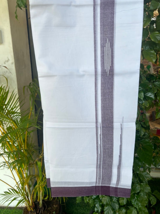 27% DISCOUNT!!! KaithariKada Balaramapuram 100% Cotton Double PURE white Mundu/Dhoti - 80X80 - 2.25 Inch Dark Purple shaded Centre stripes Putta Chutty kara - 44KK5074THI